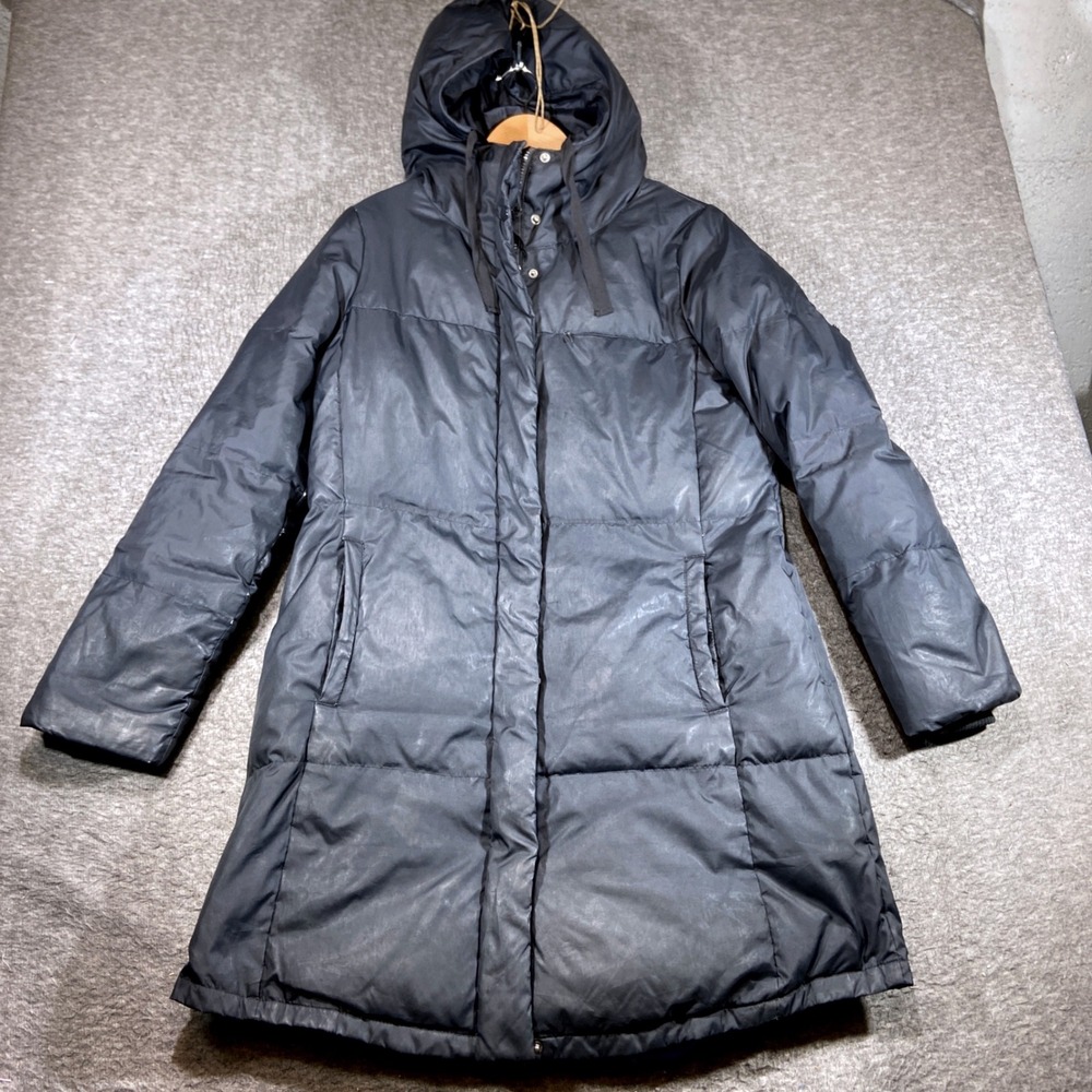 Gap Puffer Parka Women Large Black Distressed Hooded Down Fill